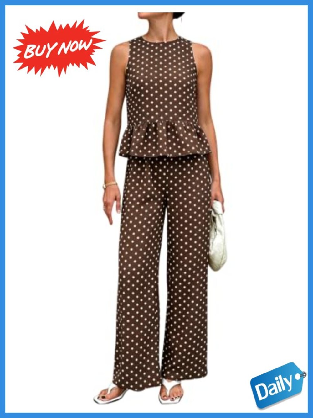 Women's 2 Piece Polka Dot Ruffle Tank & Wide Leg Pant Set